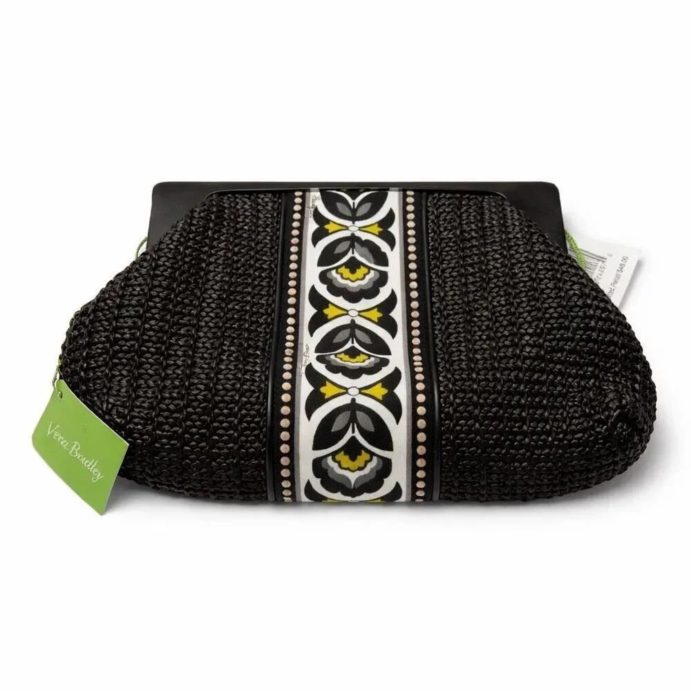 Vera Bradley Fanfare Straw Clutch Purse Woven Floral Black Boho Chic NWT